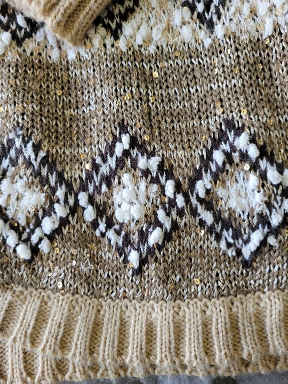 Y2K Womens XL Open Front Aztec Sequin Knit Cardigan Oversized Cozy Tan & Black - Picture 10 of 13